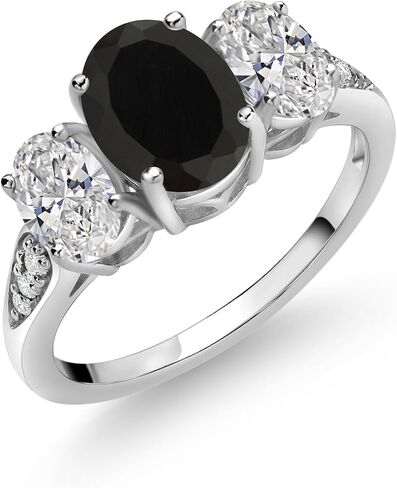 Gem Stone King 10K White Gold Oval Gemstone Birthstone and White Lab Grown Diamond 3-Stone Engagement Ring | Oval 8X6MM and 6X4MM | Gold Ring For Women | Available in Size 5,6,7,8,9 in Saudi Arabia