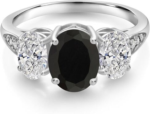 Gem Stone King 10K White Gold Oval Gemstone Birthstone and White Lab Grown Diamond 3-Stone Engagement Ring | Oval 8X6MM and 6X4MM | Gold Ring For Women | Available in Size 5,6,7,8,9 in Saudi Arabia