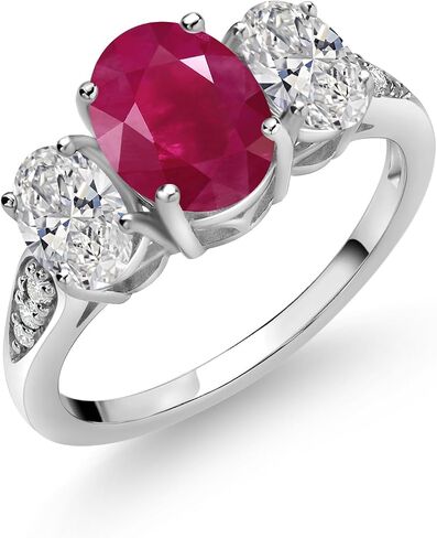 Gem Stone King 10K White Gold Oval Gemstone Birthstone and White Lab Grown Diamond 3-Stone Engagement Ring | Oval 8X6MM and 6X4MM | Gold Ring For Women | Available in Size 5,6,7,8,9 in Saudi Arabia