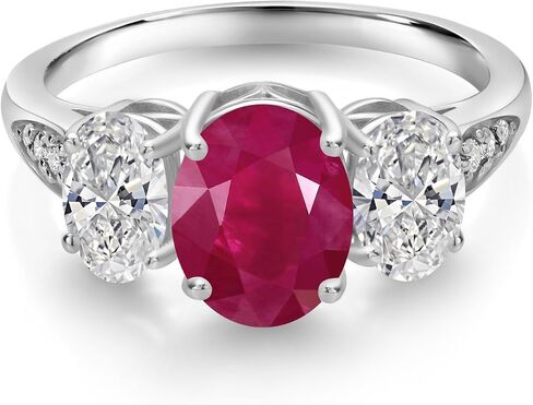 Gem Stone King 10K White Gold Oval Gemstone Birthstone and White Lab Grown Diamond 3-Stone Engagement Ring | Oval 8X6MM and 6X4MM | Gold Ring For Women | Available in Size 5,6,7,8,9 in Saudi Arabia