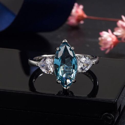 Women's Blue Topaz Crystal Rings 3A Cubic Zirconia Eternity Engagement Blue Green Stone Horse Eye Ring Natural Sea Blue Ring Zircon Heart-shaped Ring in Kuwait