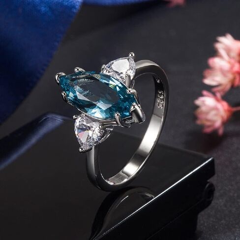 Women's Blue Topaz Crystal Rings 3A Cubic Zirconia Eternity Engagement Blue Green Stone Horse Eye Ring Natural Sea Blue Ring Zircon Heart-shaped Ring in Kuwait