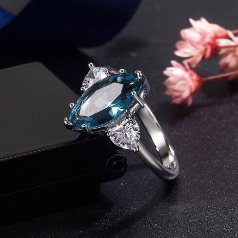 Women's Blue Topaz Crystal Rings 3A Cubic Zirconia Eternity Engagement Blue Green Stone Horse Eye Ring Natural Sea Blue Ring Zircon Heart-shaped Ring in Kuwait