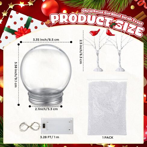 Liliful 12 حزمة عيد الميلاد سنو غلوب عدة أشجار البتولا الكاردينال LED البلاستيك الشفاف سنو غلوب DIY كاردينال سنو غلوب مع غطاء لولبي أشجار البتولا الصغيرة الاصطناعية وأضواء لتزيين الحرف اليدوية in Saudi Arabia