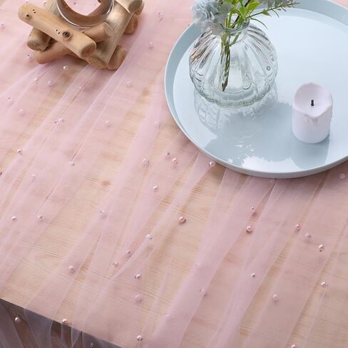 GORGECRAFT 1.6x2 Yards Pink Mesh Table Cloth Runner Blushing Bridal Veil Tablecloth Pearl Tulle Lace Fabrics Wedding Arch Decorations Chiffon Covers for Birthday Party Arch Event Dining Tables in Saudi Arabia