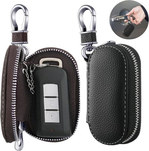 Car Key Case 2 Pieces Car Key Holder Leather Universal Metal Hook Key Fob Case Black Car Key Leather Case Leather Key Fob Holder Coffee Color Zipper Key chain Bag for Remote Key Car Protector Cover in Saudi Arabia