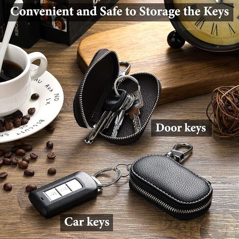 Car Key Case 2 Pieces Car Key Holder Leather Universal Metal Hook Key Fob Case Black Car Key Leather Case Leather Key Fob Holder Coffee Color Zipper Key chain Bag for Remote Key Car Protector Cover in Saudi Arabia