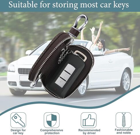 Car Key Case 2 Pieces Car Key Holder Leather Universal Metal Hook Key Fob Case Black Car Key Leather Case Leather Key Fob Holder Coffee Color Zipper Key chain Bag for Remote Key Car Protector Cover in Saudi Arabia