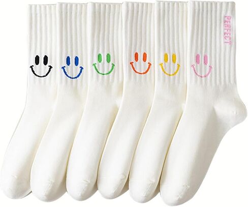 Women White Crew Athletic Socks Cute Fun Smiling Face Socks Soft Cotton Socks 6/5 Pairs in Kuwait
