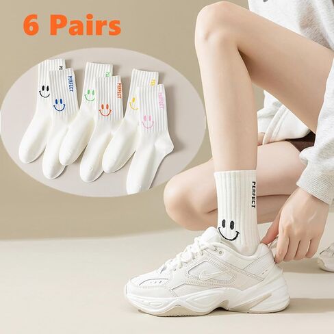 Women White Crew Athletic Socks Cute Fun Smiling Face Socks Soft Cotton Socks 6/5 Pairs in Kuwait