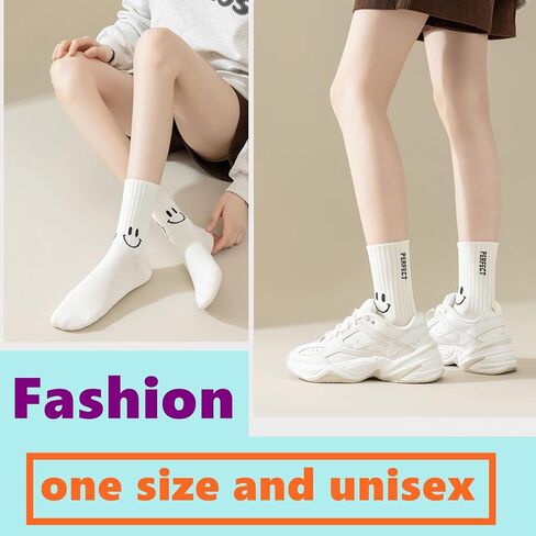Women White Crew Athletic Socks Cute Fun Smiling Face Socks Soft Cotton Socks 6/5 Pairs in Kuwait