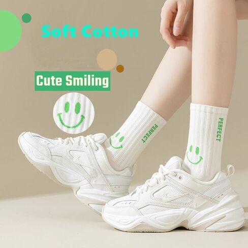 Women White Crew Athletic Socks Cute Fun Smiling Face Socks Soft Cotton Socks 6/5 Pairs in Kuwait