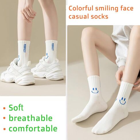 Women White Crew Athletic Socks Cute Fun Smiling Face Socks Soft Cotton Socks 6/5 Pairs in Kuwait