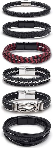 Akeoqi 6 قطع سوار جلدي للرجال مع إغلاق معدني إنفينيتي متعدد الطبقات مضفر أساور جلدية عقدة معصمه الكفة التفاف الإسورة مجوهرات للرجال والنساء أسود 7.5/8.1/8.5 بوصة in Kuwait