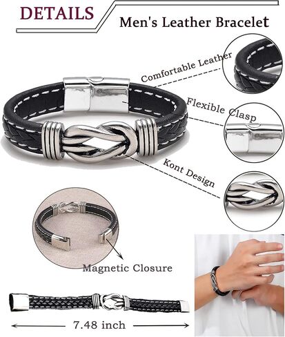 Akeoqi 6 قطع سوار جلدي للرجال مع إغلاق معدني إنفينيتي متعدد الطبقات مضفر أساور جلدية عقدة معصمه الكفة التفاف الإسورة مجوهرات للرجال والنساء أسود 7.5/8.1/8.5 بوصة in Kuwait