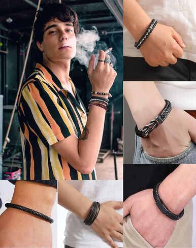 Akeoqi 6 قطع سوار جلدي للرجال مع إغلاق معدني إنفينيتي متعدد الطبقات مضفر أساور جلدية عقدة معصمه الكفة التفاف الإسورة مجوهرات للرجال والنساء أسود 7.5/8.1/8.5 بوصة in Kuwait