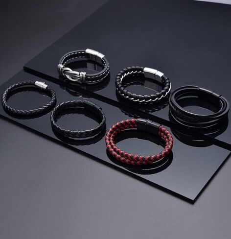 Akeoqi 6 قطع سوار جلدي للرجال مع إغلاق معدني إنفينيتي متعدد الطبقات مضفر أساور جلدية عقدة معصمه الكفة التفاف الإسورة مجوهرات للرجال والنساء أسود 7.5/8.1/8.5 بوصة in Kuwait