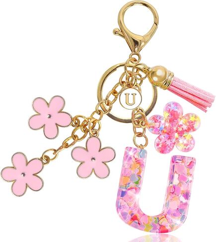 Resin Alphabet Initial Letter Keychain Tassel Flower Pendant Key Ring for Purse Handbag Car Keys in Kuwait