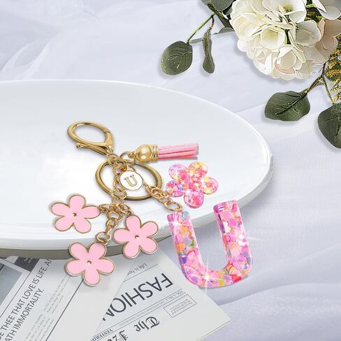 Resin Alphabet Initial Letter Keychain Tassel Flower Pendant Key Ring for Purse Handbag Car Keys in Kuwait
