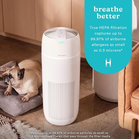Homedics 5-in-1 PetPlus UV-C Air Purifier - 360-Degree HEPA Filter for 266 Sq Ft, Air Purifiers for Pets, Bedroom, and Home with Essential Oil Pads and Built-In Timer, 3 Speed Settings, White in Kuwait