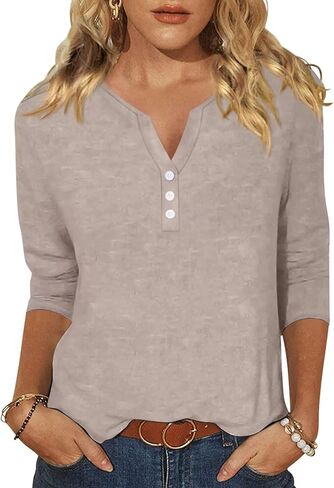 EADINVE Womens 3/4 Sleeve T-Shirts V Neck Buttons Tops Basic Tee Solid Color Blouse Loose Fit Pullover Summer Shirts 2024 in Kuwait