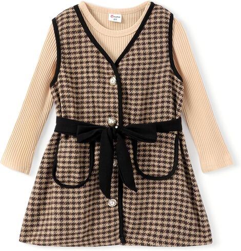 PATPAT Girl's Elegant Vintage Button Pockets Tweed Dress V Neck Plaid Tweed Overalls Pinafore Dress with Belt 2-6Y in Saudi Arabia