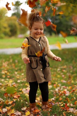 PATPAT Girl's Elegant Vintage Button Pockets Tweed Dress V Neck Plaid Tweed Overalls Pinafore Dress with Belt 2-6Y in Saudi Arabia