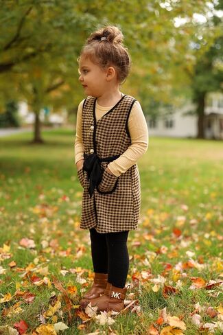 PATPAT Girl's Elegant Vintage Button Pockets Tweed Dress V Neck Plaid Tweed Overalls Pinafore Dress with Belt 2-6Y in Saudi Arabia