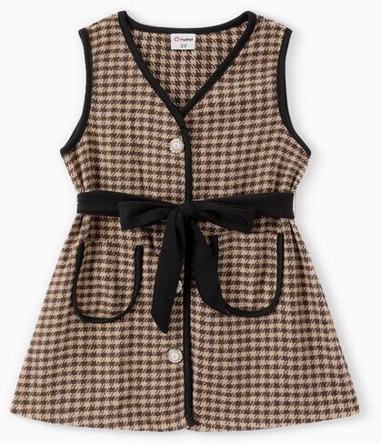 PATPAT Girl's Elegant Vintage Button Pockets Tweed Dress V Neck Plaid Tweed Overalls Pinafore Dress with Belt 2-6Y in Saudi Arabia