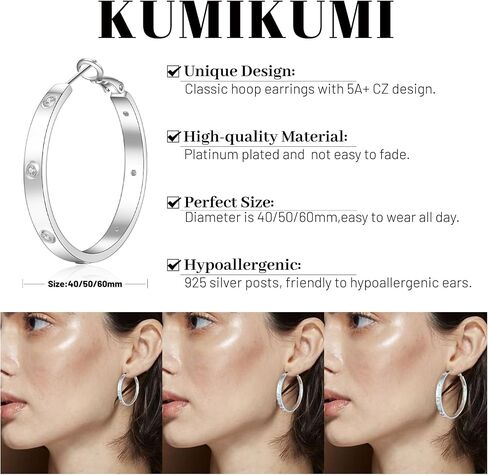 Sterling Silver Hoop Earrings,Hypoallergenic Silver Hoop Earrings for Women Lightweight Silver Hoops Earrings for Women(40/50/60mm) in Saudi Arabia