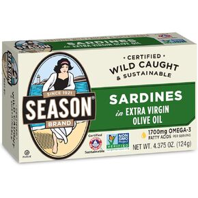 Season Sardines in Sunflower Oil – Wild Caught, 22g of Protein, Keto Snacks, More Omega 3's Than Tuna, Kosher, High in Calcium, Canned Sardines – 4.37 Oz, 12-Pack