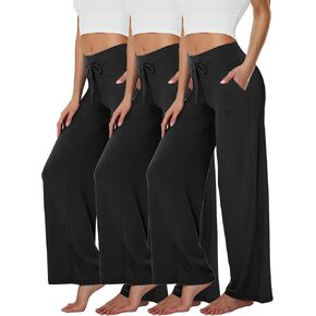 3 Pack Wide Leg Yoga Pants for Women, Comfy Lounge Pajama Sweatpants Loose Causal Pants with Pockets