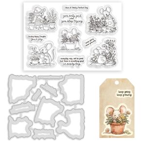 2 Pcs Cute Mouse Garden Planting Flowers Clear Stamps and Cut Dies Set for Scrapbooking DIY Crafting Animals Stamps and Cutting Dies for Card Making Garden Friends Clear Stamps