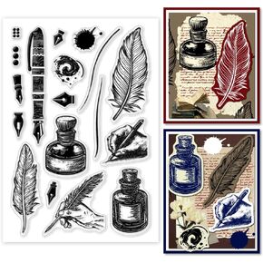 PH PandaHall Pen Clear Stamps Retro Silicone Clear Stamps Vintage Style Transparent Pen Rubber Seal Stamps for Card Making DIY Scrapbooking Album Crafting Decoration 4.3x6.3 Inches