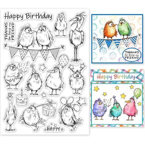 GLOBLELAND Cartoon Bird Birthday Clear Stamps Birthday Gift Clear Stamps Comic Birds Silicone Stamps for DIY Scrapbooking Photo Album Decorative Cards Making Home Decoration 8.27x5.83inch