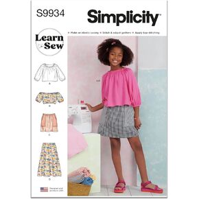 Simplicity Girls' Pullover Tops and Pull On Skirts Sewing Pattern Packet, Design Code S9934, Sizes 7-8-10-12-14, Multicolor