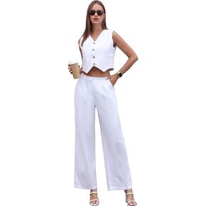 Women's Summer Blazer Vest 2 Piece Outfits V Neck Sleeveless Button Down Waistcoat and Wide Leg Pants Set with Pockets