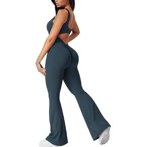VOYJOY Sleeveless Flare Jumpsuits For Women Padded Sexy Backless Tummy Control Bodysuit Scrunch Butt V Back Workout Rompers