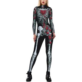 FEOYA Skeleton Costume Halloween Women Party Costume Skull Print Jumpsuit Outfit Scary