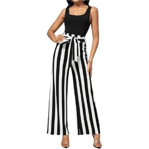 MakeMeChic Women's 2 Piece Outfit Tank Top and Striped Print Tie Front Wide Leg Pants Set