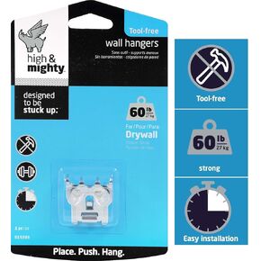 HIGH & MIGHTY 515303 Picture Hanger Set, Easy Tool-Free Dry Wall Art Hangers for Large Artwork, Photos, and Mirrors, Holds up to 60lbs, Steel , Silver