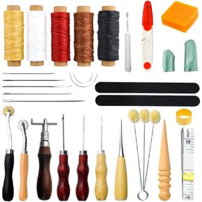25PCS Leather Craft Hand Tool Kit Hand Stitching Sewing Tool Handy Stitching Needle Waxed Tread Awl Groover Kit for DIY Leather Stitching Craftwork Accessory