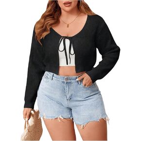 SHENHE Women's Plus Size Tie Front Ribbed Long Sleeve Knit Crop Top Sweater Cardigan