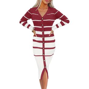 Saodimallsu Womens Striped Long Sleeve Sweater Dress V Neck Button Down Cardigan Knit Bodycon Midi Dresses