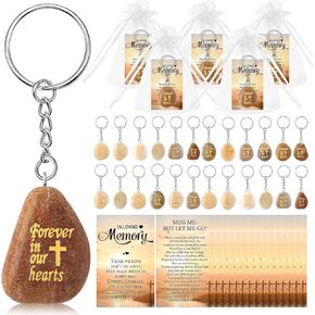 Seajan 24 Sets Funeral Favors for Guests Christian Cross Keychains Natural Stone Keychain with Funeral Prayer Card with Organza Bags Celebration of Life Decorations Memorial Gifts Religious Gifts
