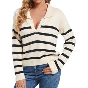 Womens V Neck Striped Pullover Drop Shoulder Sweater Collared Long Sleeve Top