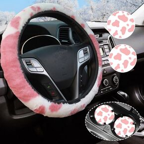 Pink Cow Print Fluffy Steering Wheel Cover,Universal Auto Steering Wheel 14-15 Inch Soft Warm Car Interior Accessories with 2PCS Car Coasters,Suitable for Men and Women