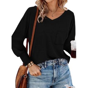 BTFBM Long Sleeve Shirts for Women Dressy Casual Loose V Neck Smocked Puff Sleeve Tops Blouses Fall Clothes 2024