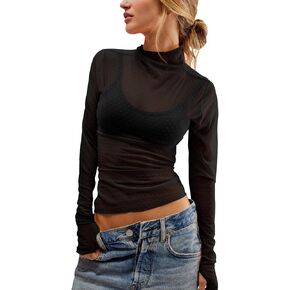 Womens Mesh Sheer Lace Laying Top Mock Neck Long Sleeve Polka Dot See Through Shirt Blouses Tops