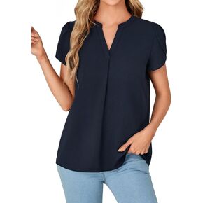 OPOIPIN Women's Casual Notched V Neck Petal Short Sleeve Dressy Blouse Shirt Top